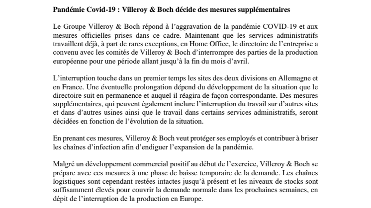 Pandémie Covid-19 : Villeroy & Boch décide des mesures supplémentaires 