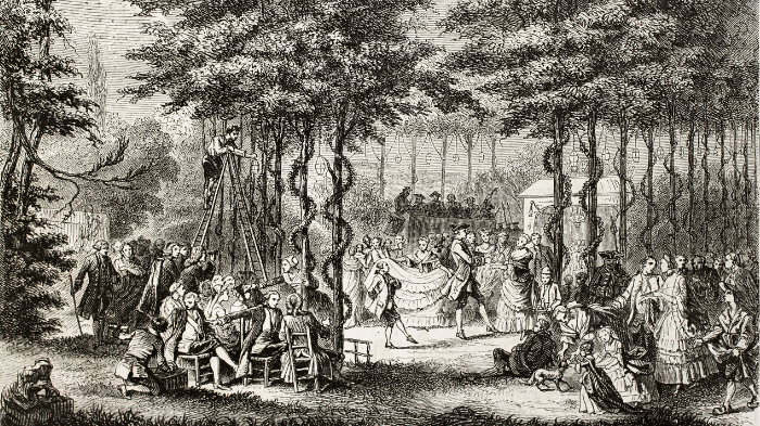 An illustration of dancing in Saint Cloud park, near Paris. Created by Janet-Lange and Best after print of 18th century.