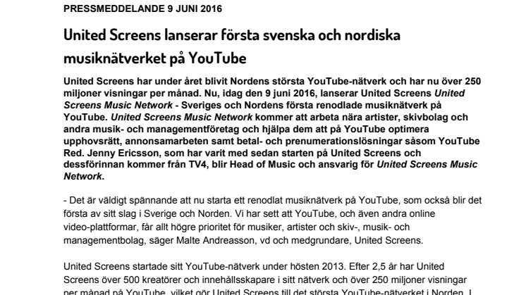 United Screens lanserar första svenska och nordiska musiknätverket på YouTube