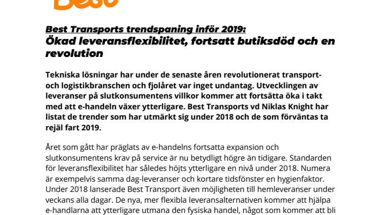 Best Transport trendspanar inför 2019