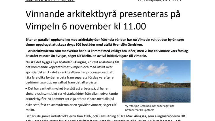 Nya bostäder i Alingsås: Vinnande arkitektbyrå presenteras på Vimpeln 6 november kl 11.00