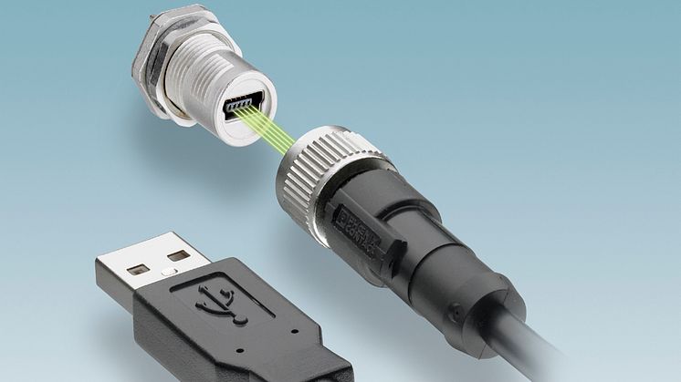 M12 kontakt med Mini-B USB-insats ger en säker och tät anslutning i industriell miljö