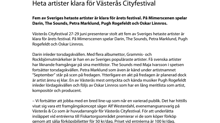 Heta artister klara för Västerås Cityfestival 