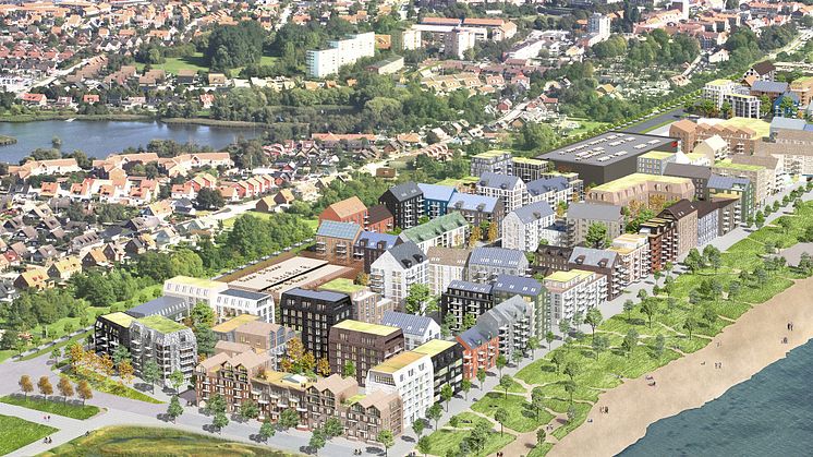Västra Sjöstaden byggs vid havet i Trelleborg. Kommunens förslag till planprogram innehåller bland annat cirka 1800 nya bostäder och en ny utvidgad strand. Visionsbild framtagen av Kanozi arkitekter på uppdrag av Serneke/Midroc.