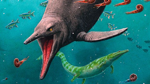 Rekonstruktion av den tidigaste ichthyosauren och det 250 miljoner år gamla ekosystemet som återfunnits på Spetsbergen. Illustration: Esther van Hulsen