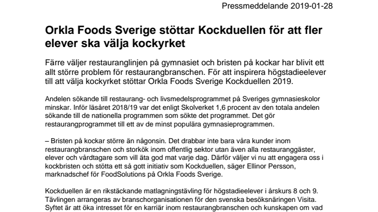 Orkla Foods Sverige stöttar Kockduellen för att fler elever ska välja kockyrket