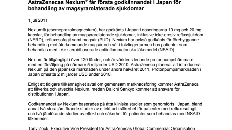 AstraZenecas Nexium® får första godkännandet i Japan för behandling av magsyrarelaterade sjukdomar