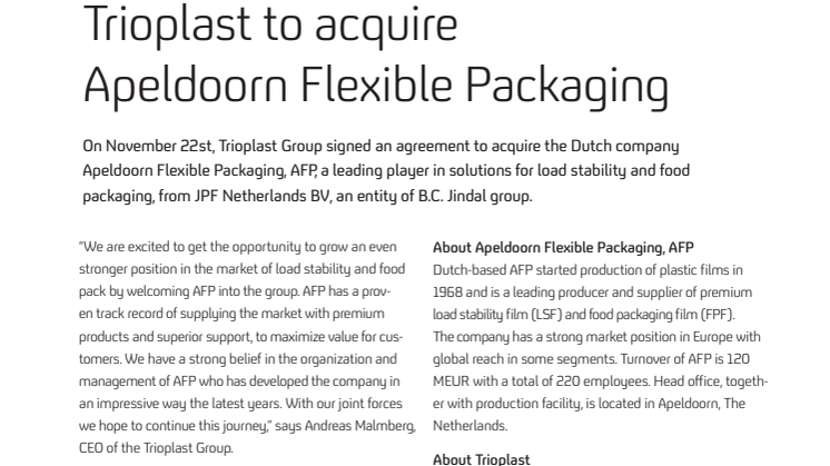 Trioplast to acquire Apeldoorn Flexible Packaging
