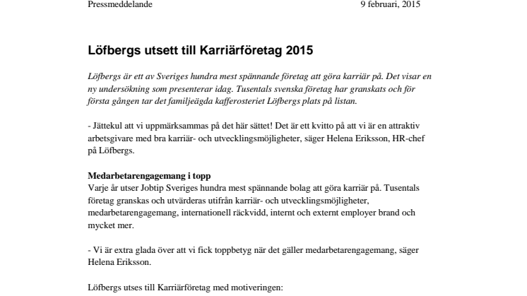 Löfbergs utsett till Karriärföretag 2015