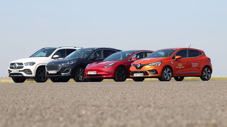 A selection of the cars tested (L-R Mercedes GLE, Ford Kuga, Tesla Model 3, Renault Clio)