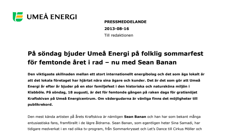 På söndag bjuder Umeå Energi på folklig sommarfest för femtonde året i rad – nu med Sean Banan  