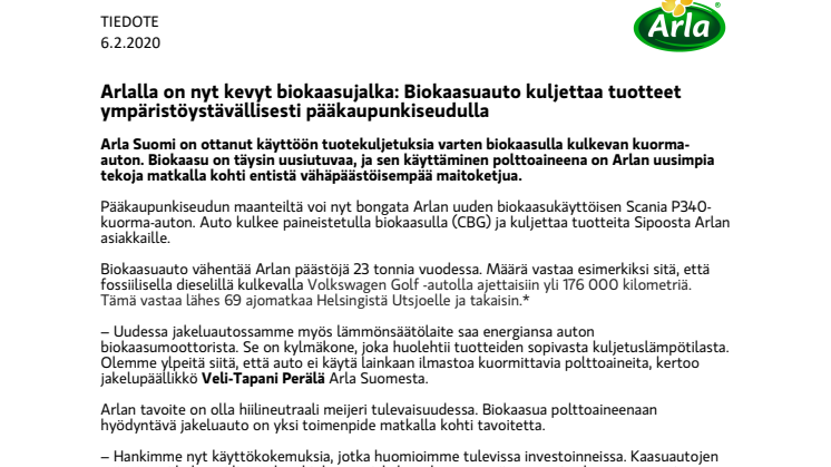 Arlalla on nyt kevyt biokaasujalka: Biokaasuauto kuljettaa tuotteet ympäristöystävällisesti pääkaupunkiseudulla