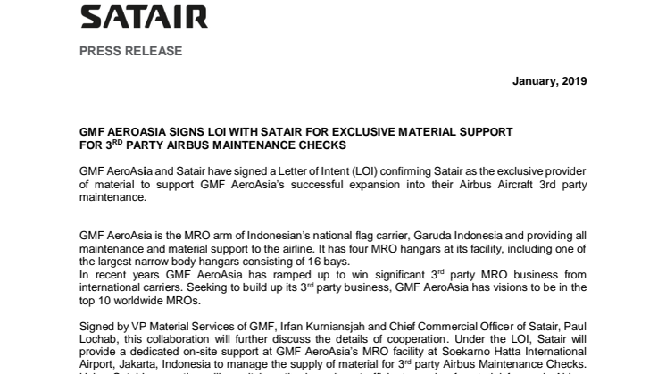 GMF AEROASIA SIGNS LOI WITH SATAIR FOR EXCLUSIVE MATERIAL SUPPORT  FOR 3RD PARTY AIRBUS MAINTENANCE CHECKS