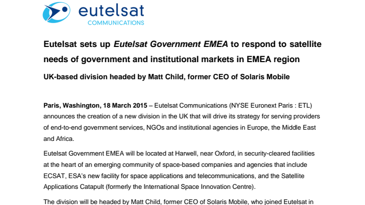 Eutelsat sets up Eutelsat Government EMEA to respond to satellite needs of government and institutional markets in EMEA region