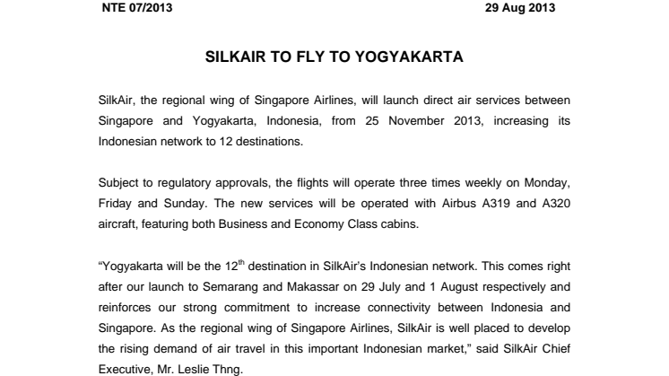 SilkAir to Fly to Yogyakarta