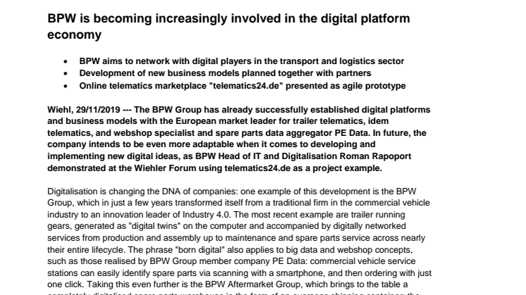 BPW is becoming increasingly involved in the digital platform economy