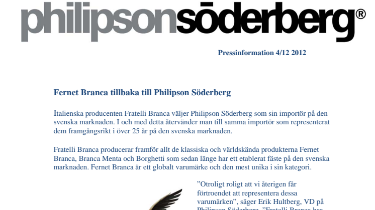 Fernet Branca tillbaka till Philipson Söderberg 