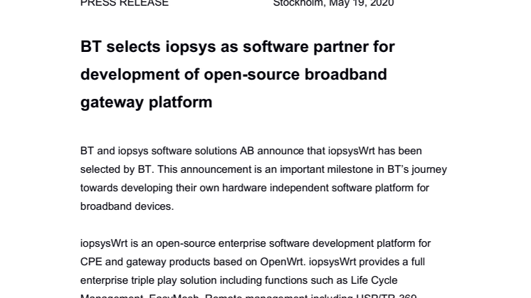 BT selects iopsys as software partner