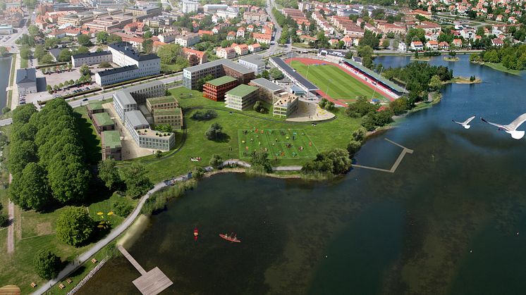 Vy över Fredriksskans i Kalmar där de nya bostäderna ska byggas med den legendariska idrottsplatsen i bakgrunden.