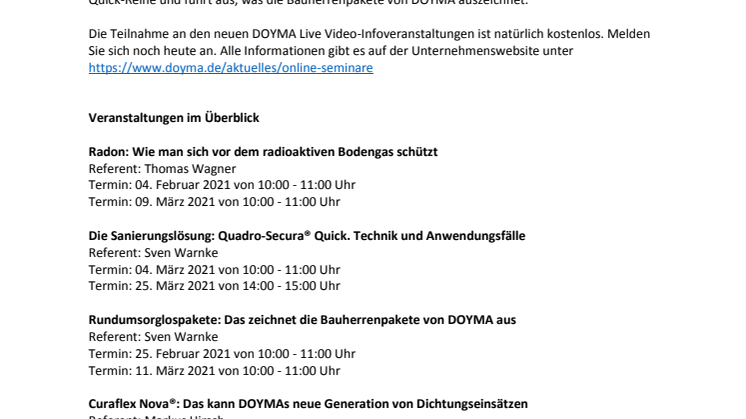 DOYMA-Pressemitteilung: Neues Veranstaltungsformat: digital, spannend, live