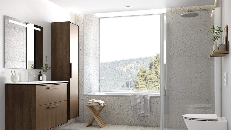 Möbelserien Sense Art från Ifö finns i valnöt och ek som ger värme och en elegant känsla i badrummet.