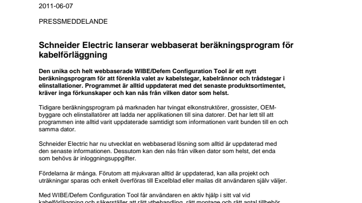 Schneider Electric lanserar webbaserat beräkningsprogram för kabelförläggning