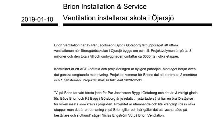Brion Installation & Service Ventilation installerar skola i Öjersjö