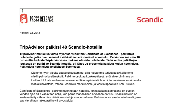 TripAdvisor palkitsi 40 Scandic-hotellia 