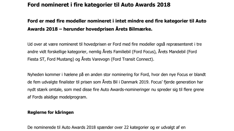 Ford nomineret i fire kategorier til Auto Awards 2018