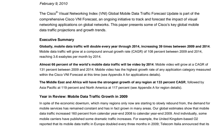 Cisco VNI Global Mobile Data forecast 2009-2014