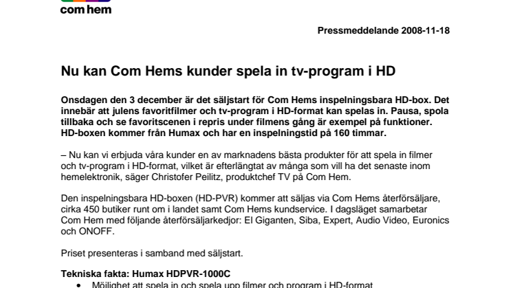Nu kan Com Hems kunder spela in tv-program i HD