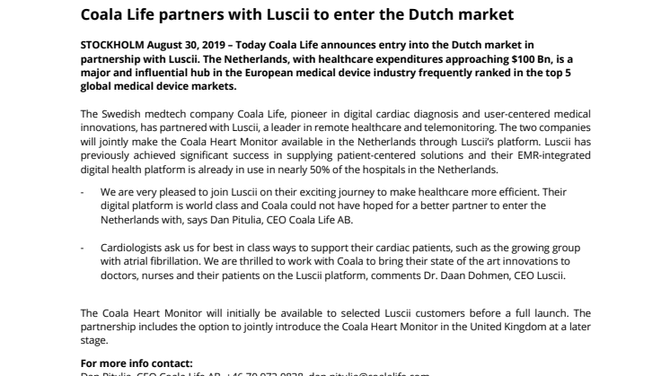 Coala Life partners with Luscii to enter the Dutch market