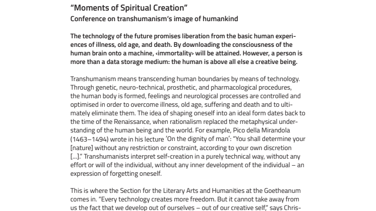“Moments of Spiritual Creation”. ​Conference on transhumanism‘s image of humankind