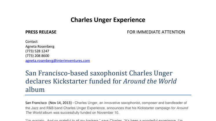 San Francisco-based saxophonist Charles Unger declares Kickstarter funded for Around the World album
