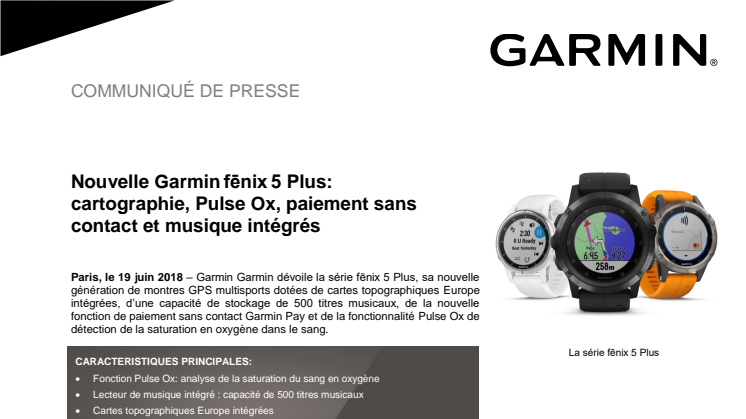 Nouvelle Garmin fēnix 5 Plus: cartographie, Pulse Ox, paiement sans contact et musique intégrés