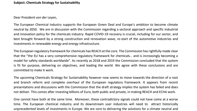 Joint letter to European Commission President on the Chemicals Strategy for Sustainability