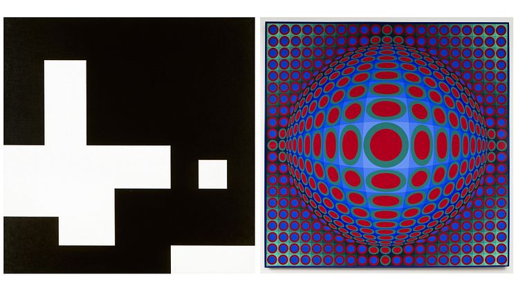 Bilde t.v.: Aurélie Nemours, Structure de Silence No. XIX, 1984. / t.h.: Victor Vasarely, Vega 222, 1966-70. 