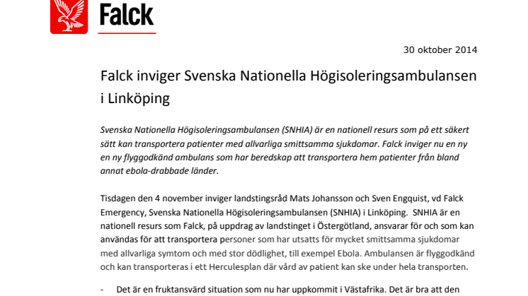 Falck inviger Svenska Nationella Högisoleringsambulansen 