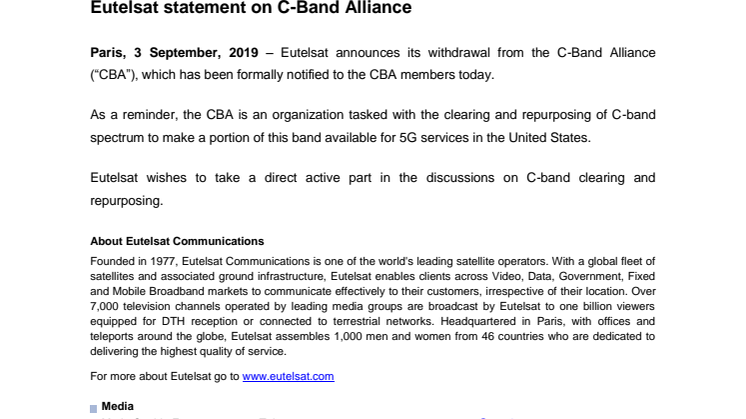 Eutelsat statement on C-Band Alliance 