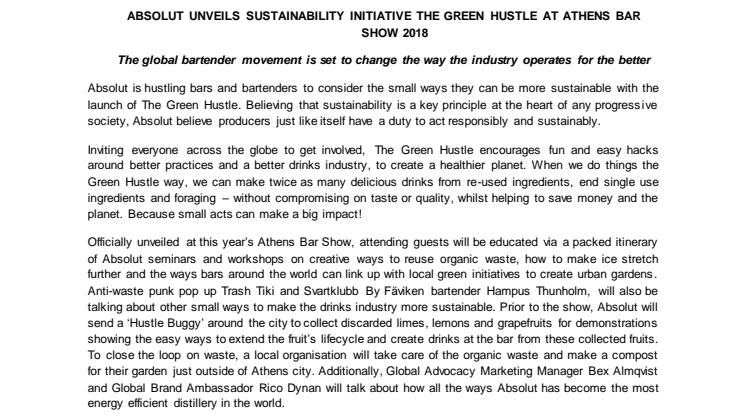 ABSOLUT UNVEILS SUSTAINABILITY INITIATIVE THE GREEN HUSTLE AT ATHENS BAR SHOW 2018
