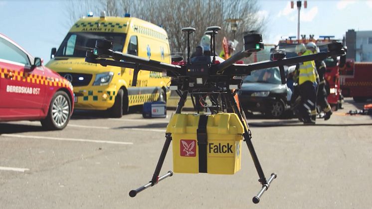 Health drone with Falck logo.
