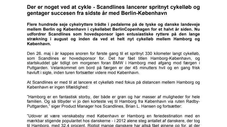 Der er noget ved at cykle - Scandlines lancerer spritnyt cykelløb og gentager succesen fra sidste år med Berlin-København