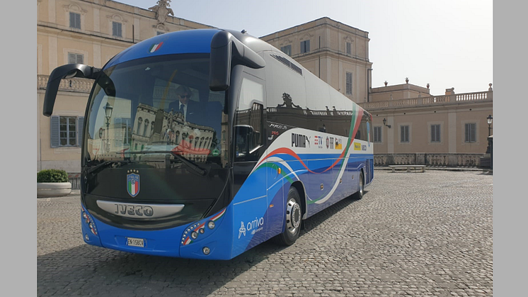 Italy, European Champions, board a Magelys, the official coach of the Italian national football team provided by IVECO BUS to the FIGC