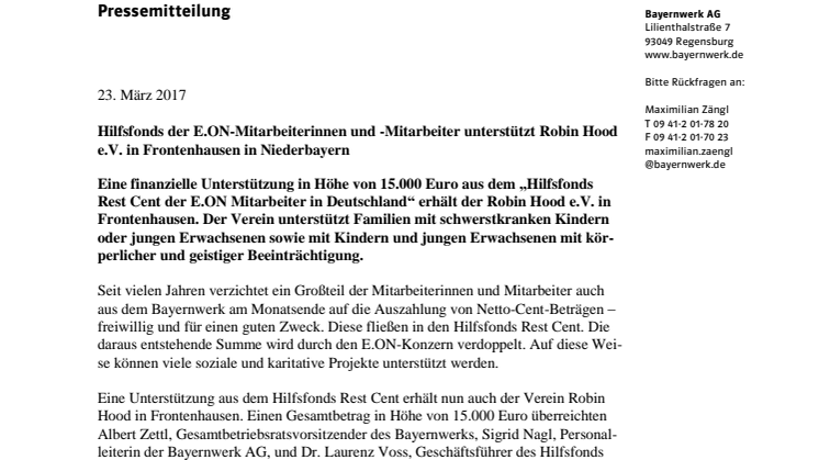"Hilfsfonds Rest Cent" unterstützt Robin Hood e. V. in Frontenhausen
