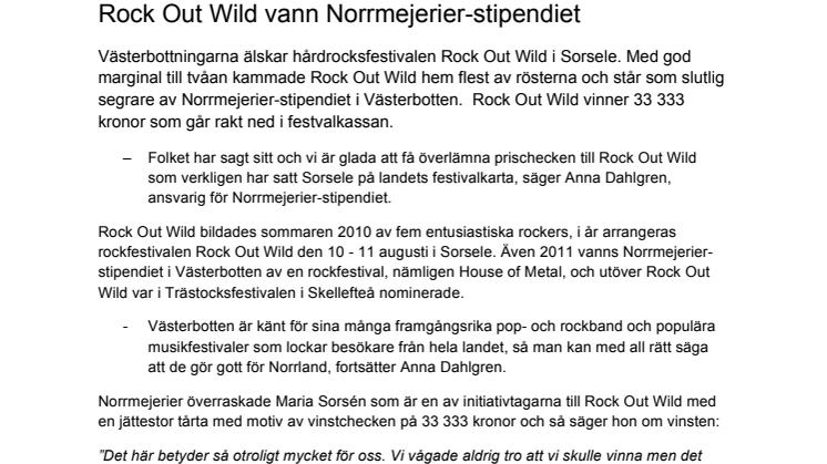 Rock Out Wild vann Norrmejerier-stipendiet i Västerbotten