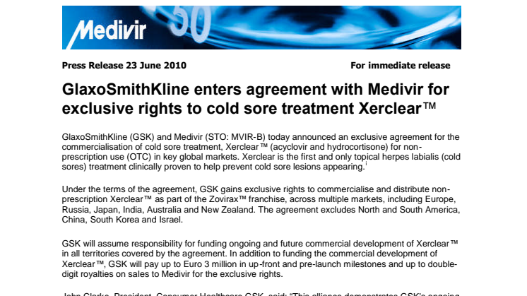 GlaxoSmithKline enters agreement with Medivir for exclusive rights to cold sore treatment Xerclear™ 