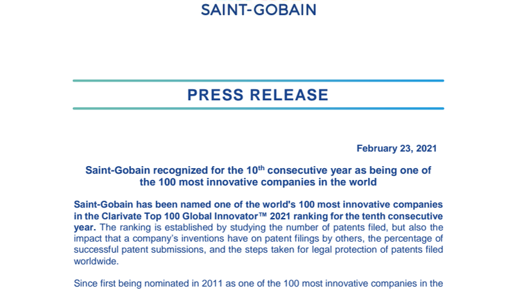 Saint-Gobain kåret til et av verdens 100 mest innovative selskaper i Clarivate Top 100 Global Innovator 2021