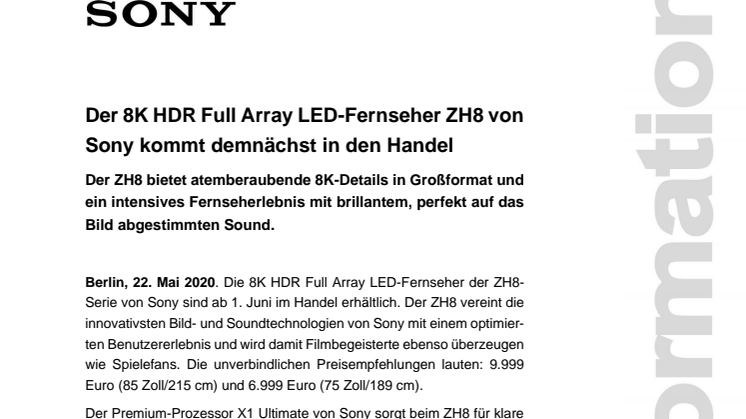 Der 8K HDR Full Array LED-Fernseher ZH8 von Sony kommt demnächst in den Handel