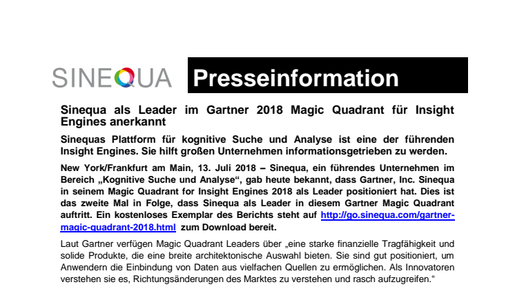 Gartner 2018 Magic Quadrant für Insight Engines: Sinequa zum zweiten Mal in Folge als Leader positioniert 
