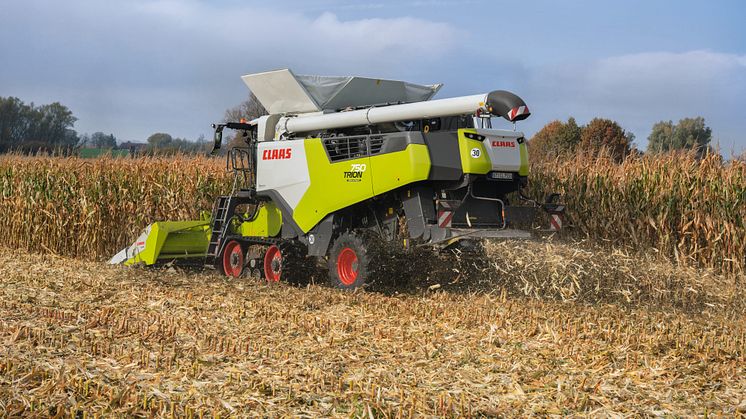 First corn picker with integrated stubble cracker